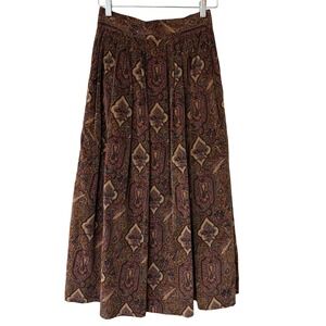 SPARRS Vintage Paisley Prairie Print Pleated Midi Tea Skirt Size 10 Brown Gold